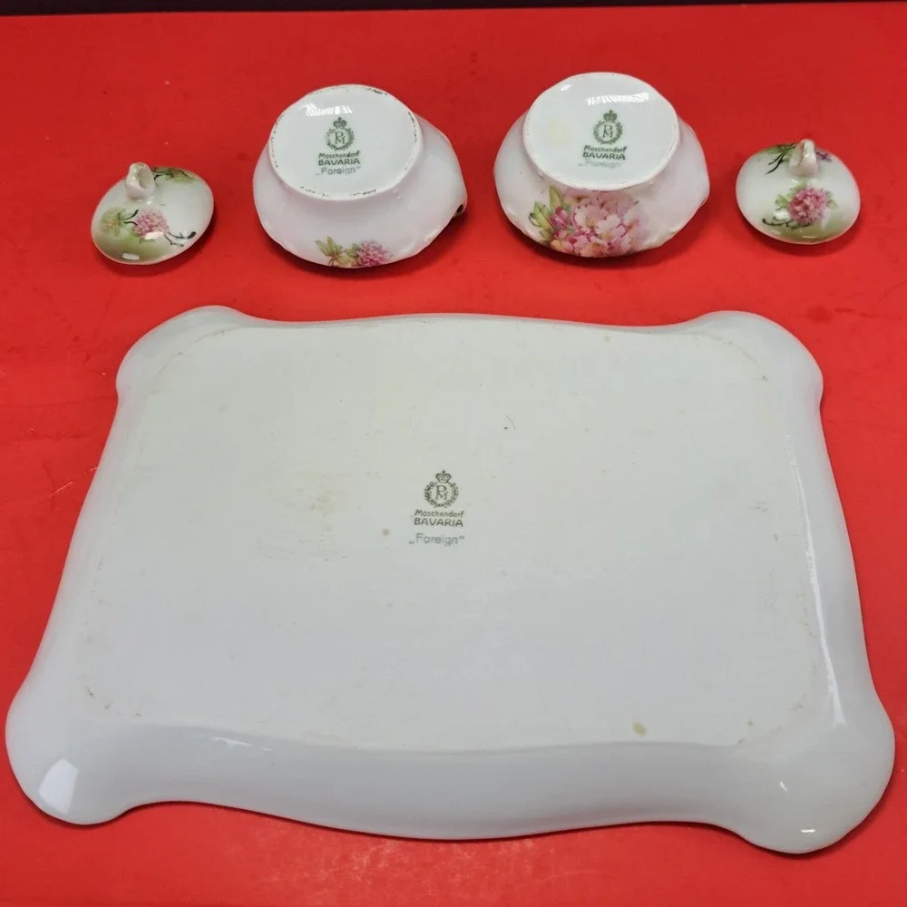 Moschendorf Bavaria Tea Vanity Set OS Green Pink Excellent Hydrangea Floral 5pc